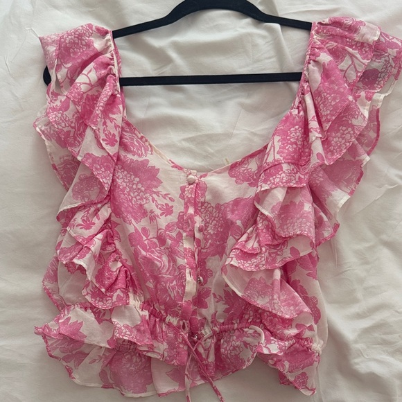 LoveShackFancy Tops - LoveShackFancy Pink Floral Ruffle Tie-Front Blouse